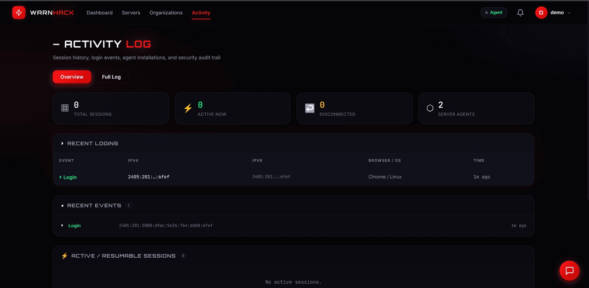 WarnHack Terminal activity log view