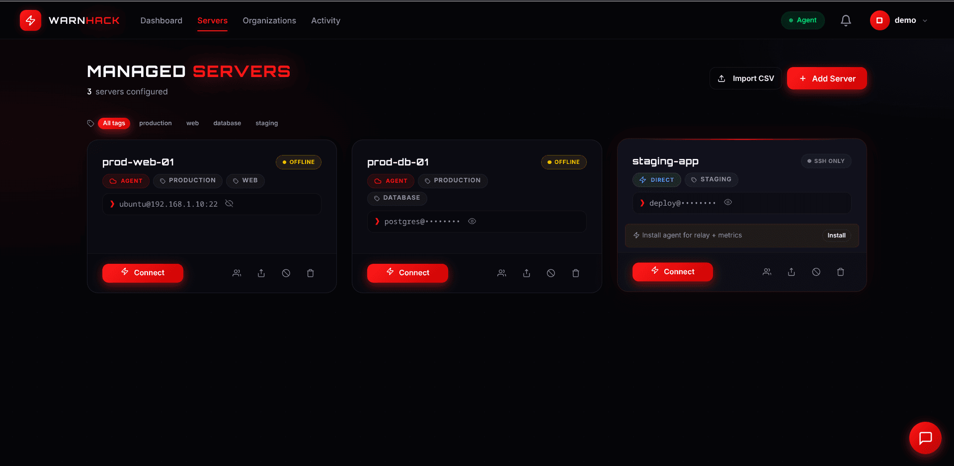 WarnHack Terminal managed servers view
