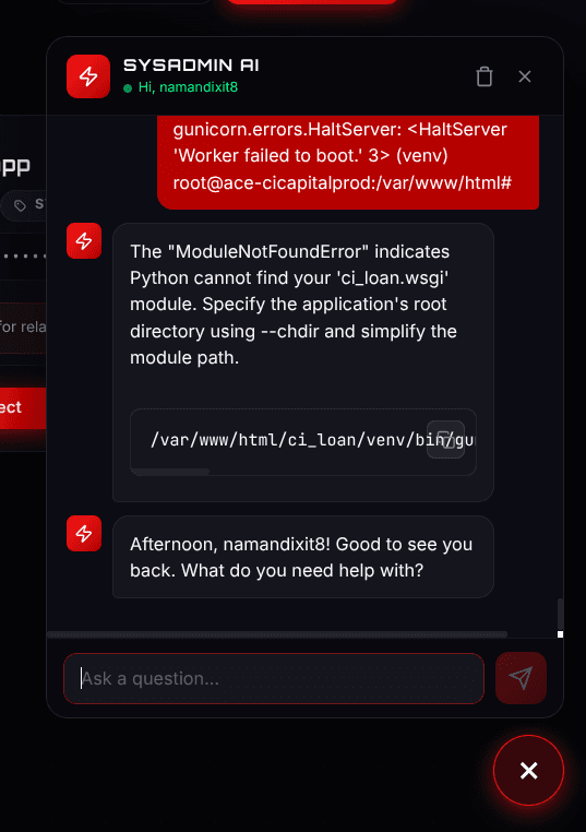 WarnHack AI server assistant — chat interface diagnosing a gunicorn server error and proposing the exact fix